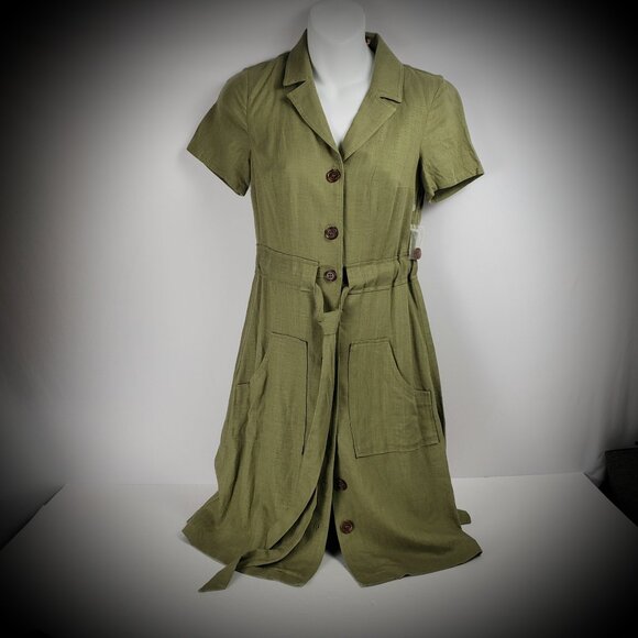ModCloth XXS Dress Olive Green Linen Pockets Button Shirt Belt Tie Khaki NWT - Picture 2 of 15